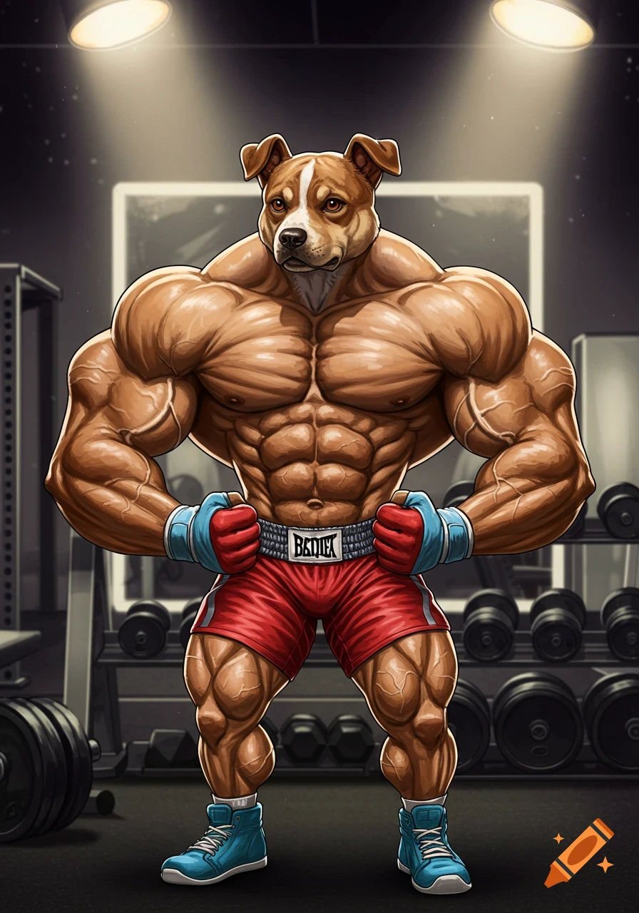 A cartoonish, muscular dog stands in a gym wearing red shorts and blue boxing gloves.