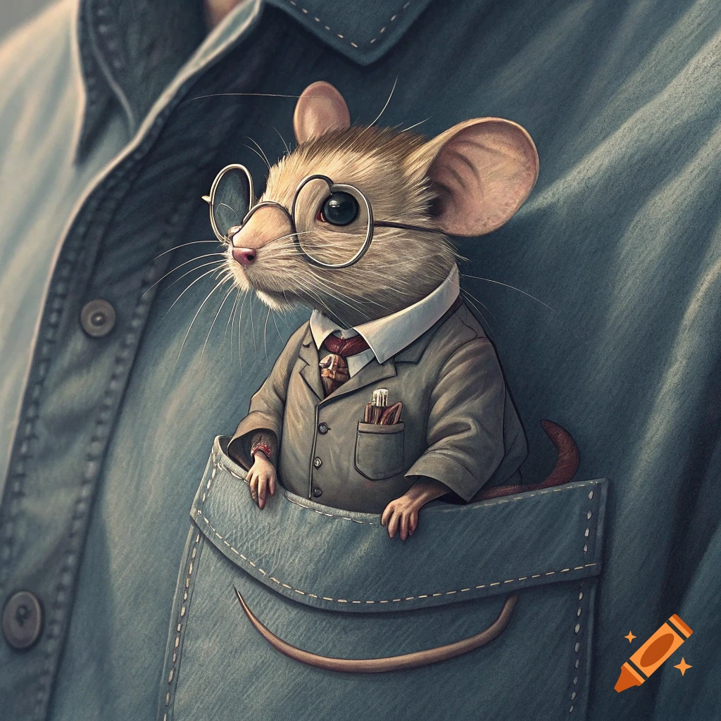 A mouse in a suit and glasses peeking out of a shirt pocket.