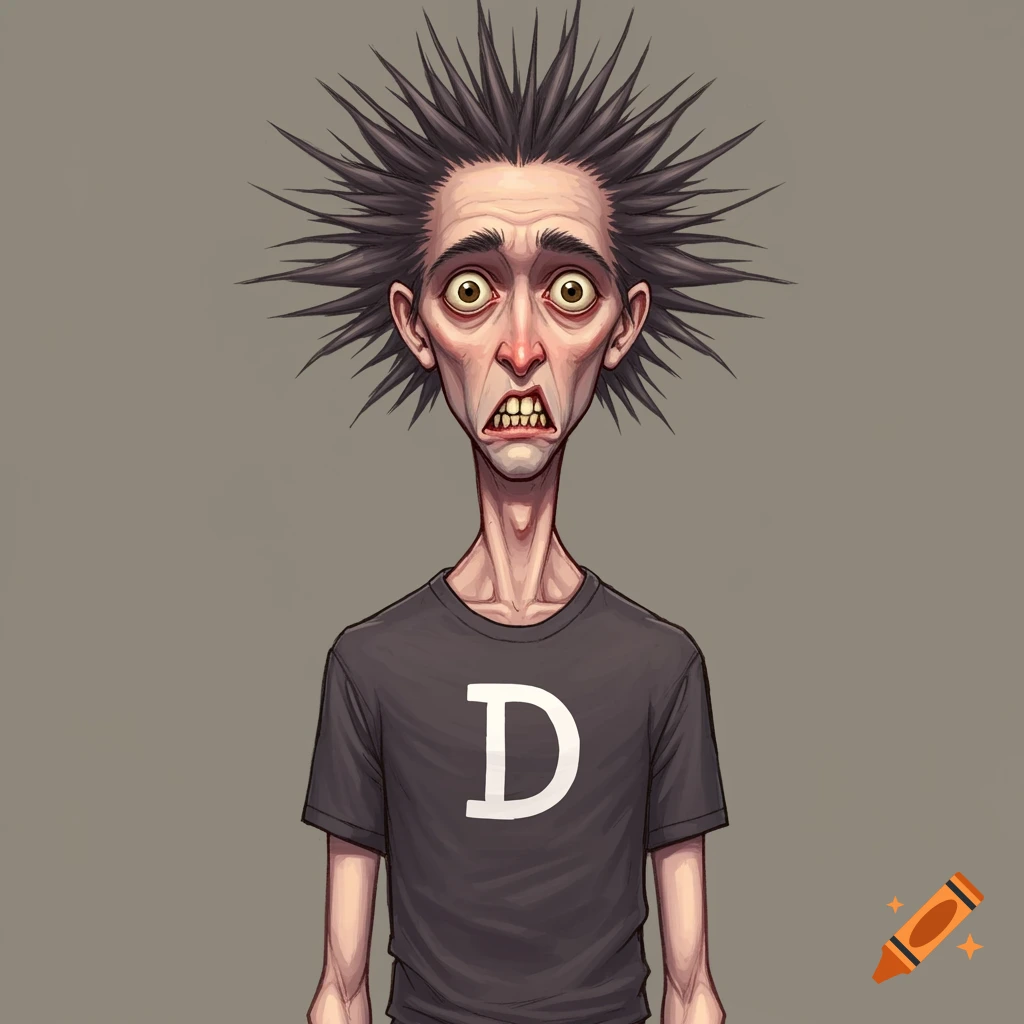 Cartoon caricature of a skinny person with spiky hair wearing a black shirt with a large white 'D'
