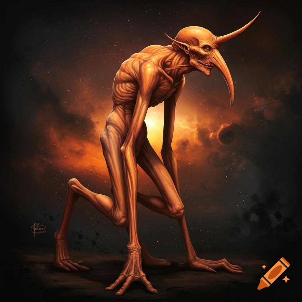 A skinny, orange-skinned creature with a long nose, large ears, and a single horn kneels under an orange sky with stars and a planet.