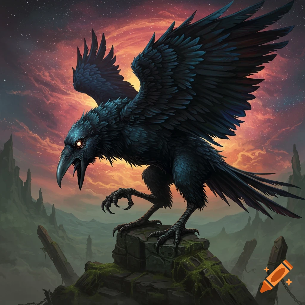 A fantasy illustration of a large black raven god with glowing eyes perched on rocks against a dramatic sky.