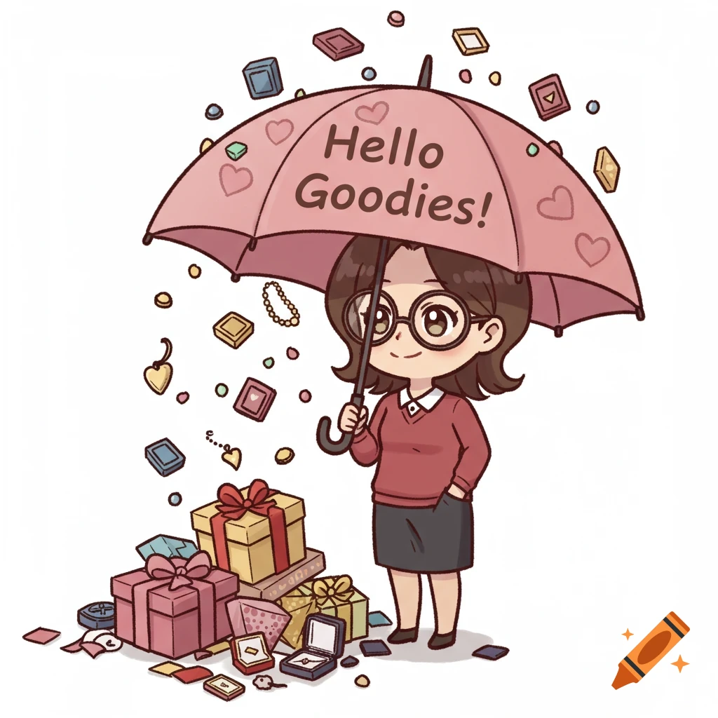 Anime style woman with umbrella, "Hello Goodies!" text, raining gifts
