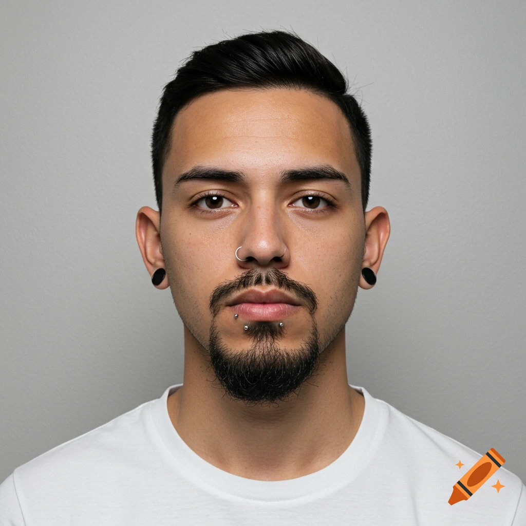 A close-up portrait of a man with piercings and a goatee.