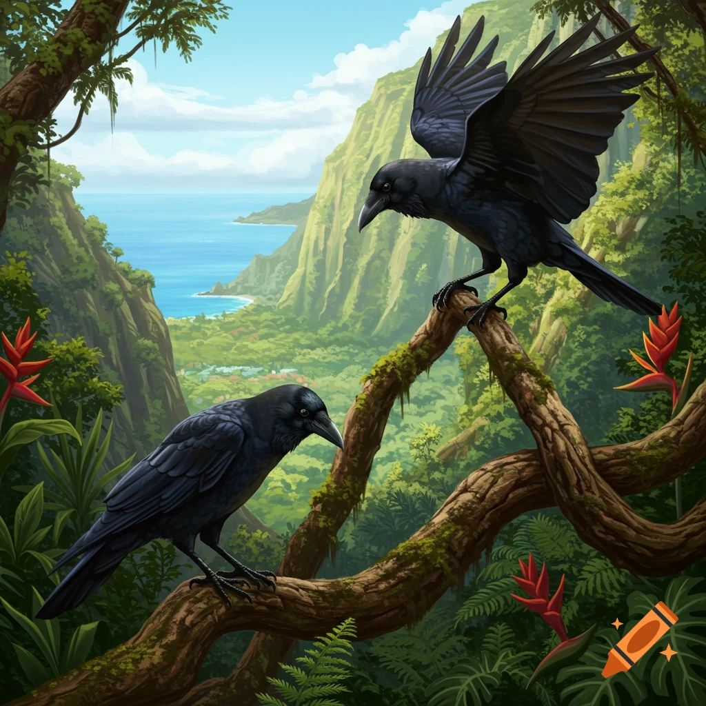 Two black crows perch on a mossy branch in a lush tropical valley overlooking the ocean, illustration style.