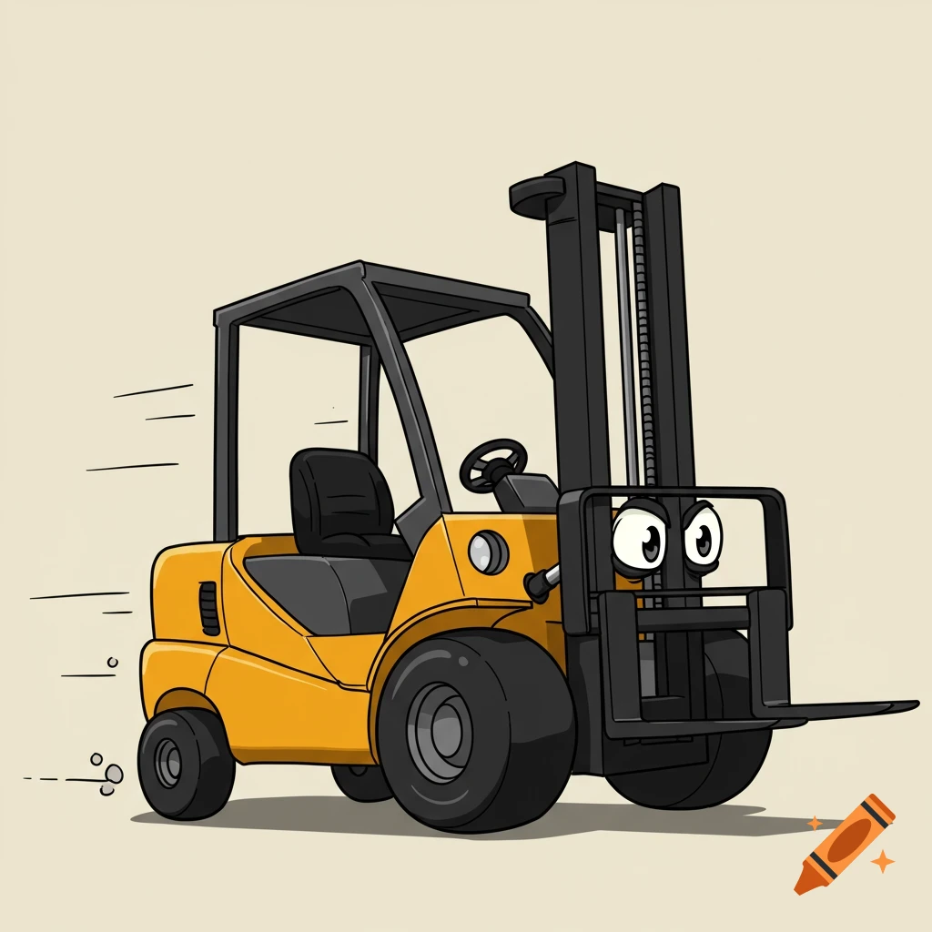 Cartoon illustration of a yellow forklift with large eyes speeding with motion lines.