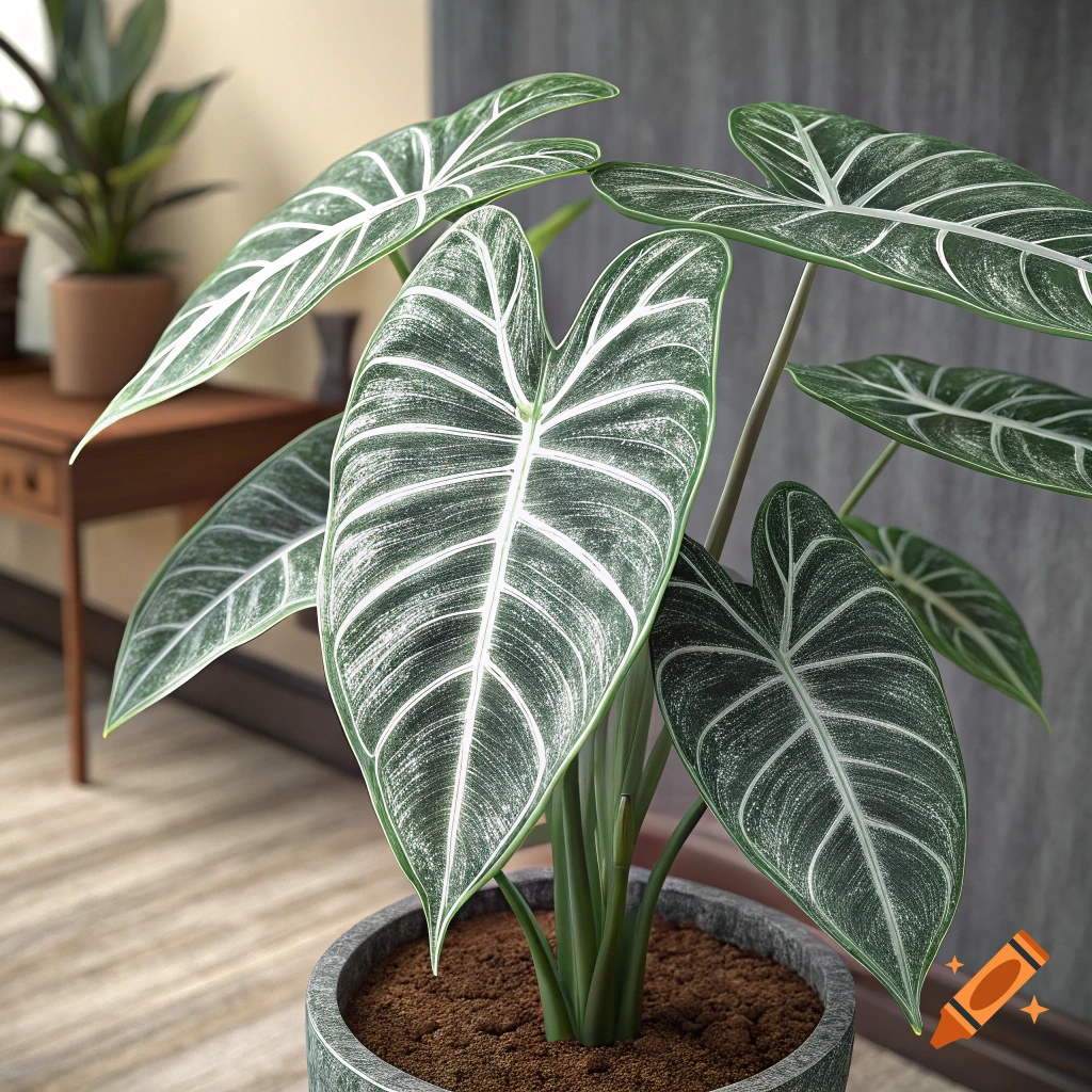 Close-up view of a large potted Alocasia Wentii plant with green and white leaves.