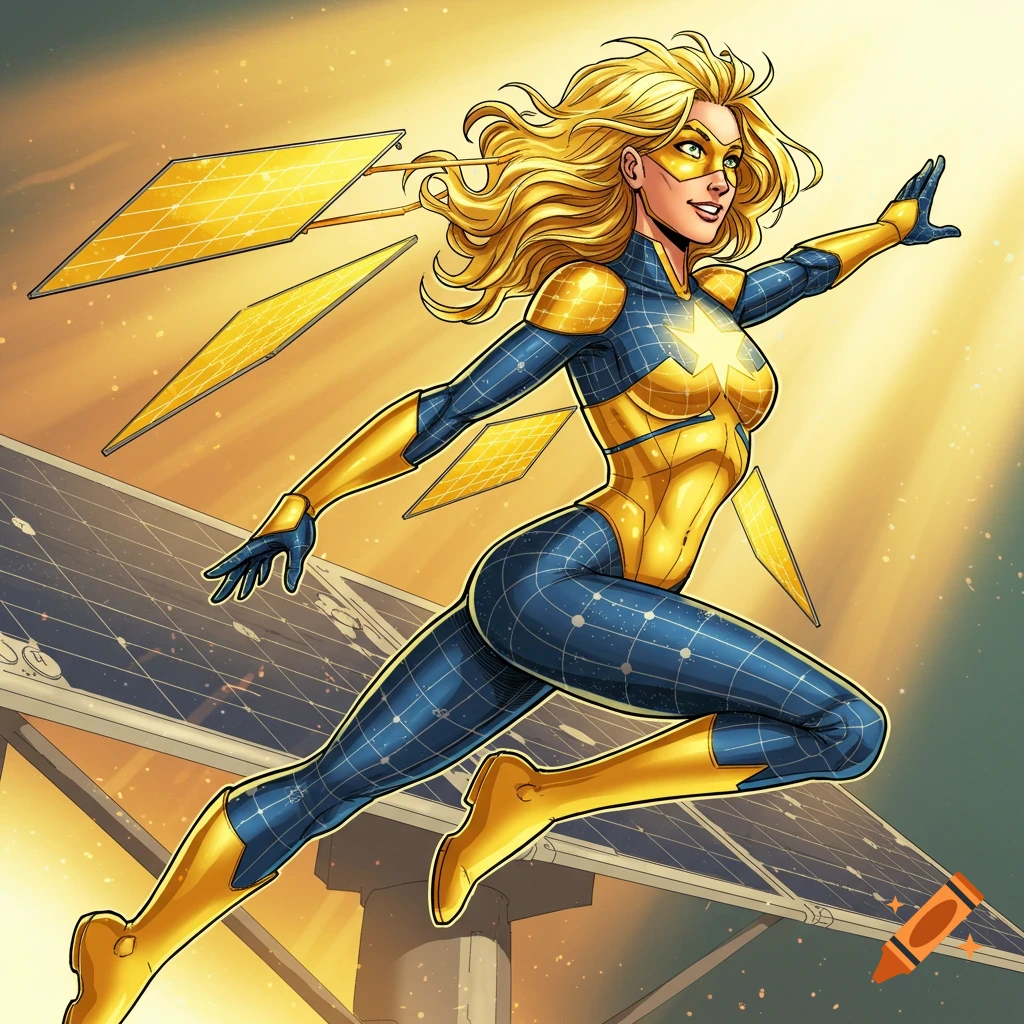 Blonde female superhero in yellow and blue suit flying near solar panels in  comic book style. on Craiyon, image size:1024x1024