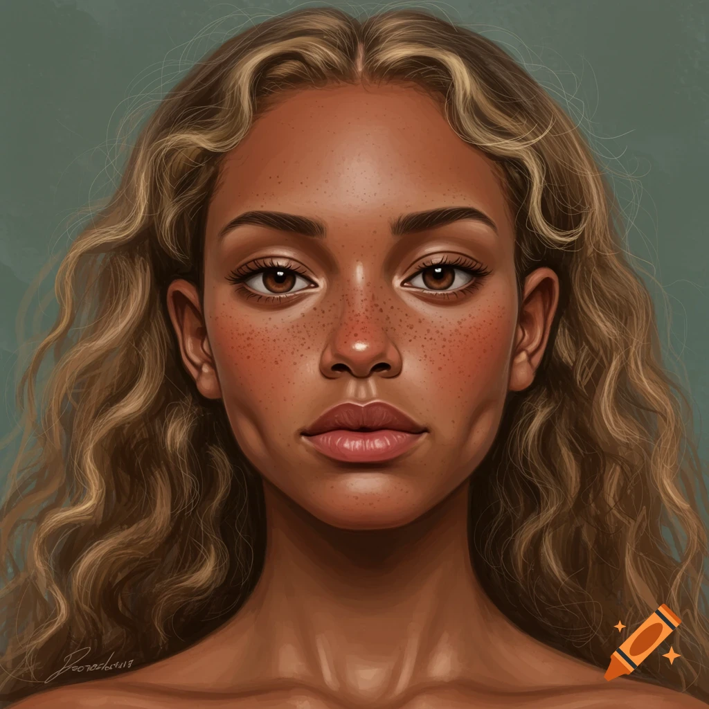 A portrait of a woman with freckles, dimples, and wavy blond hair.