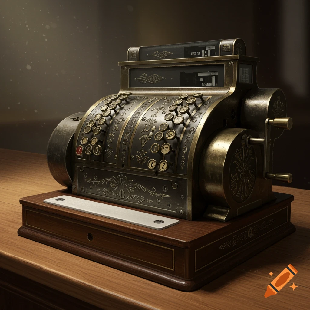 An antique brass and wood cash register sits on a wooden counter. It has buttons, levers, and display screens.