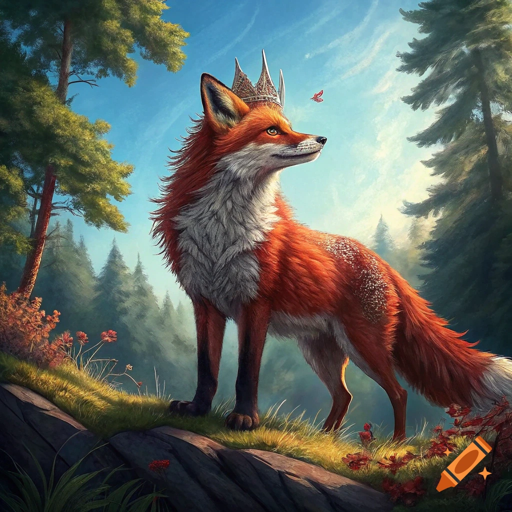 A red and white fox wearing a crown stands in a forest looking at a butterfly.