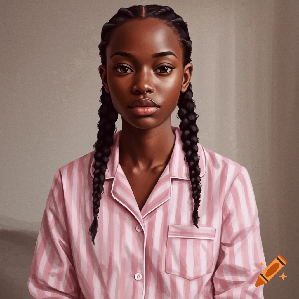 Portrait of a young Black woman with braids wearing pink striped pajamas, in a semi-realistic style.