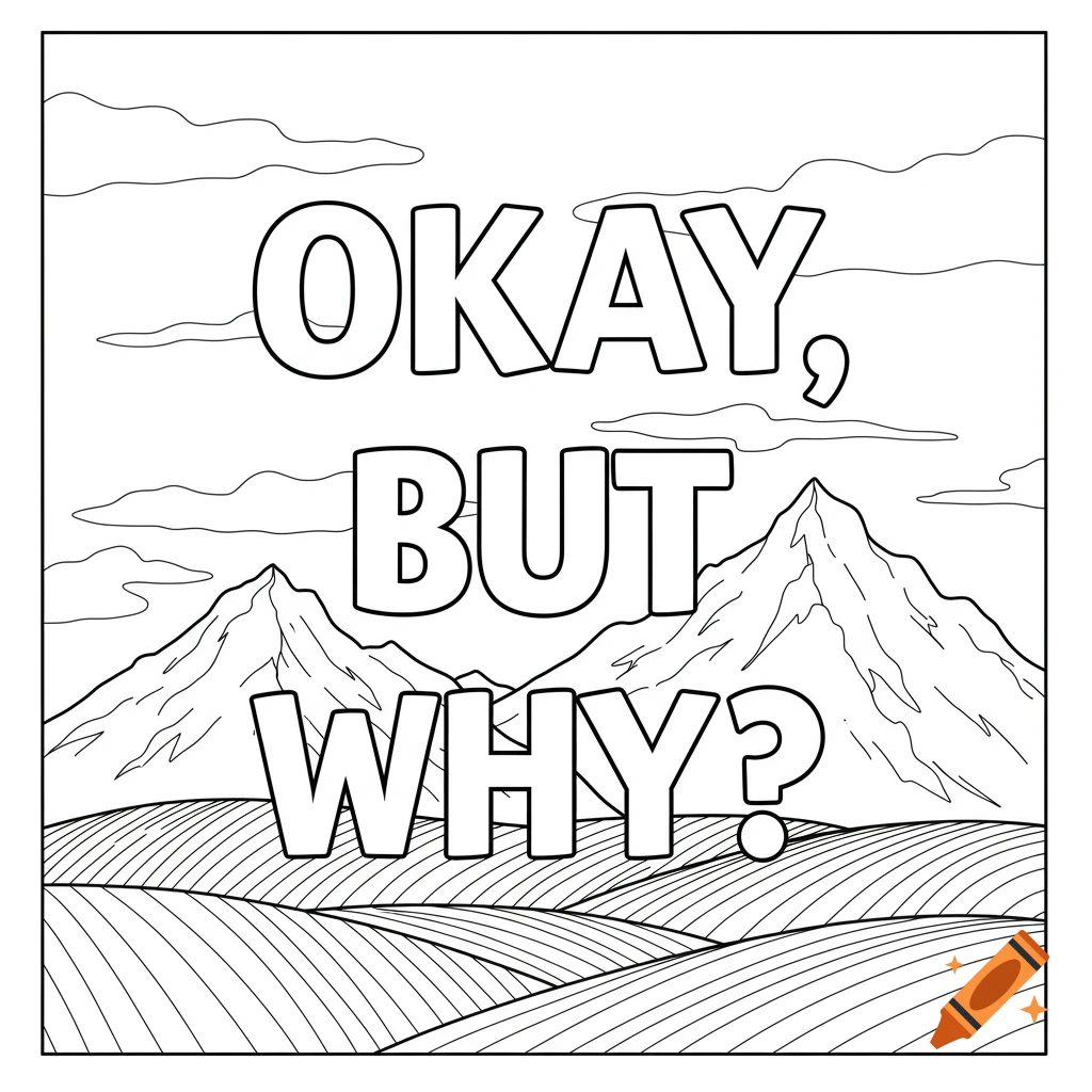 Coloring page of inspirational poster "Okay, but why?" with mountains
