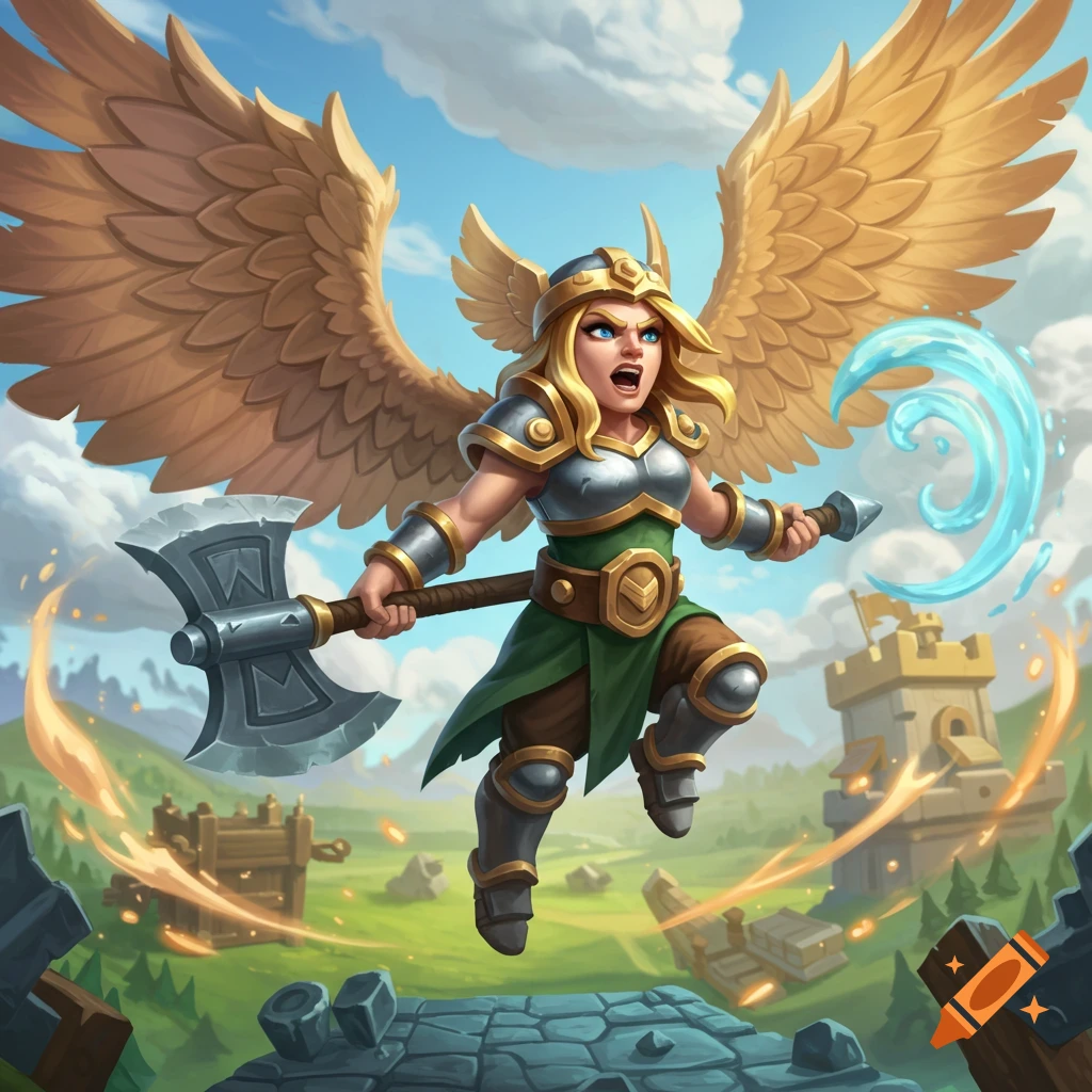 Stylized illustration of a winged female warrior with an axe leaping in a fantasy battle scene with a castle.