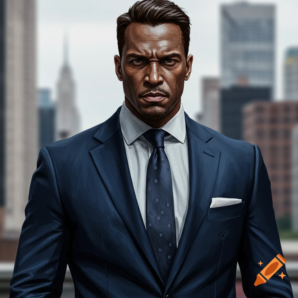 A serious man in a blue suit stands in front of a blurred city skyline.