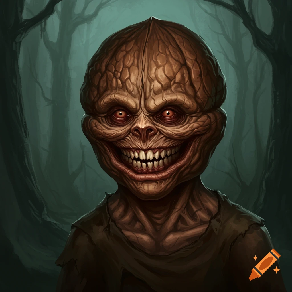 Creepy creature with walnut-like head and wide grin in a dark forest.