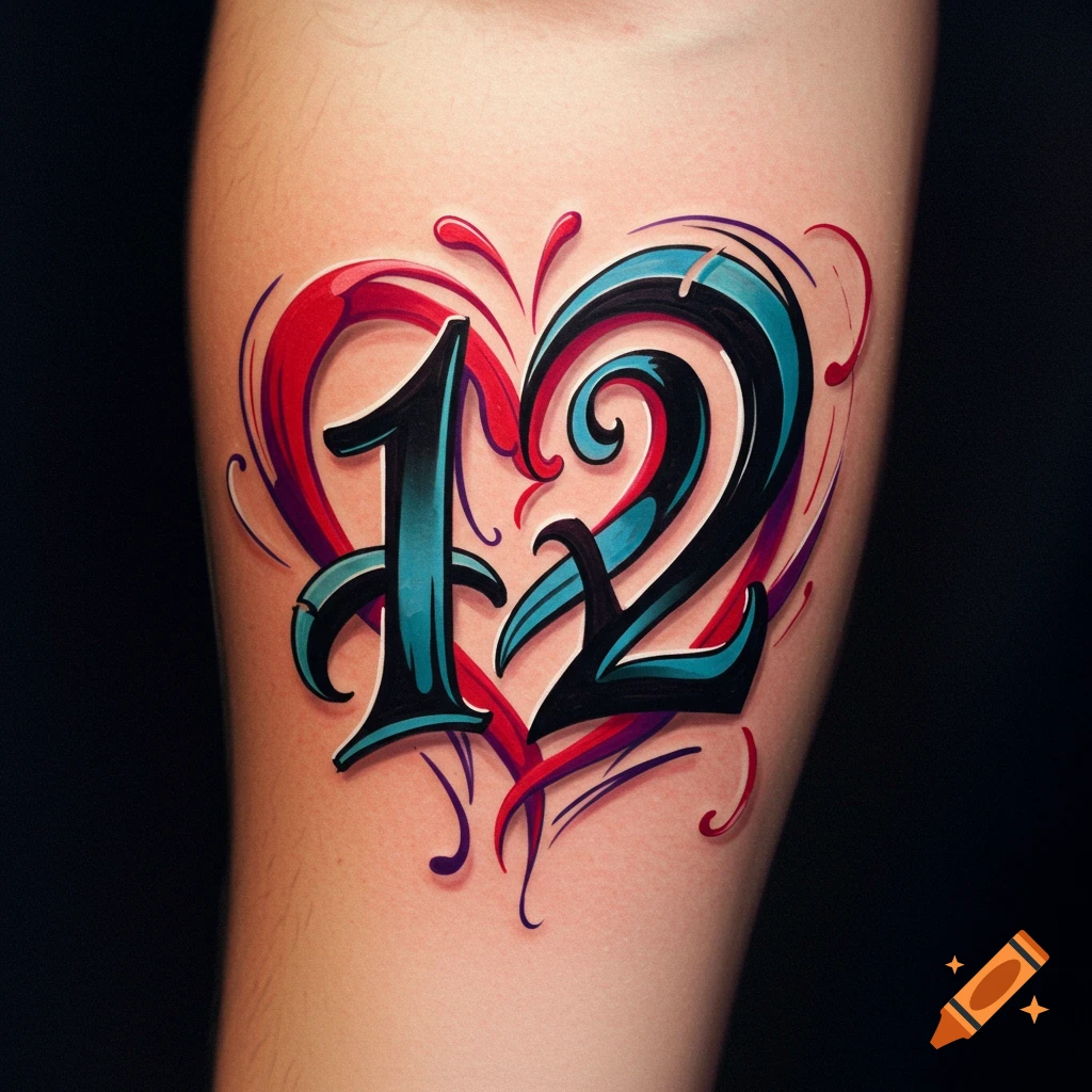 A colorful tattoo of the number 12 within a heart shape on skin.