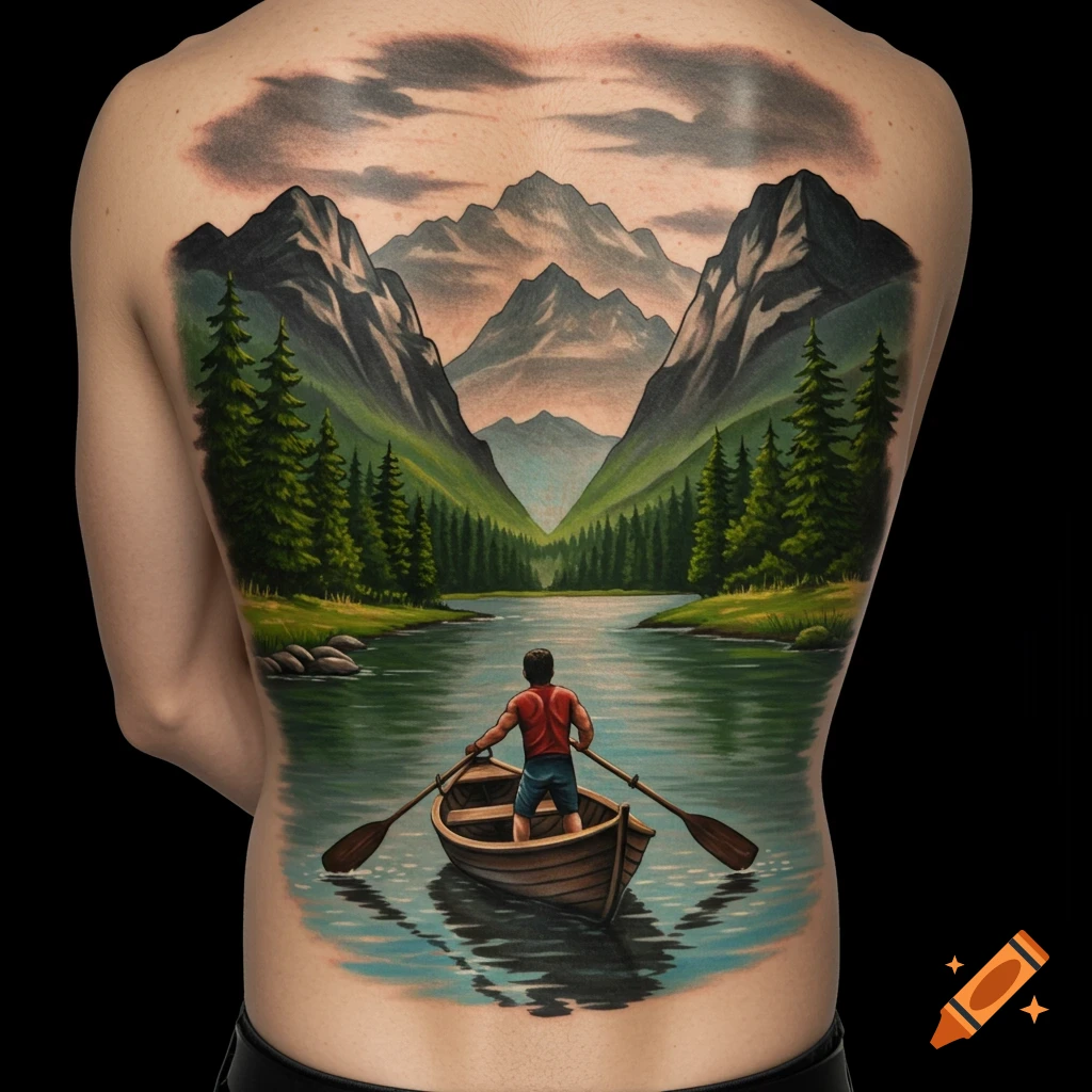 Mountain landscape tattoo design with river and boat