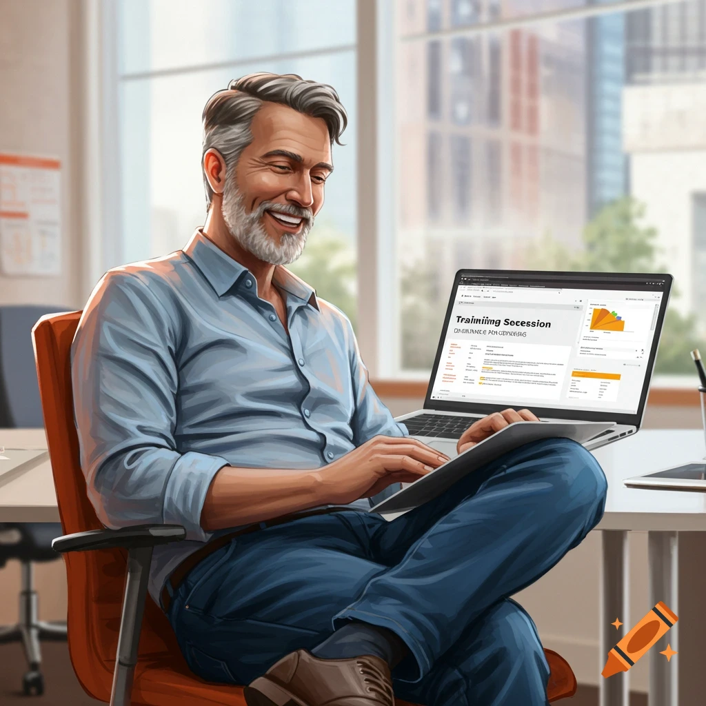 A smiling man sits in an office, looking at his laptop screen.