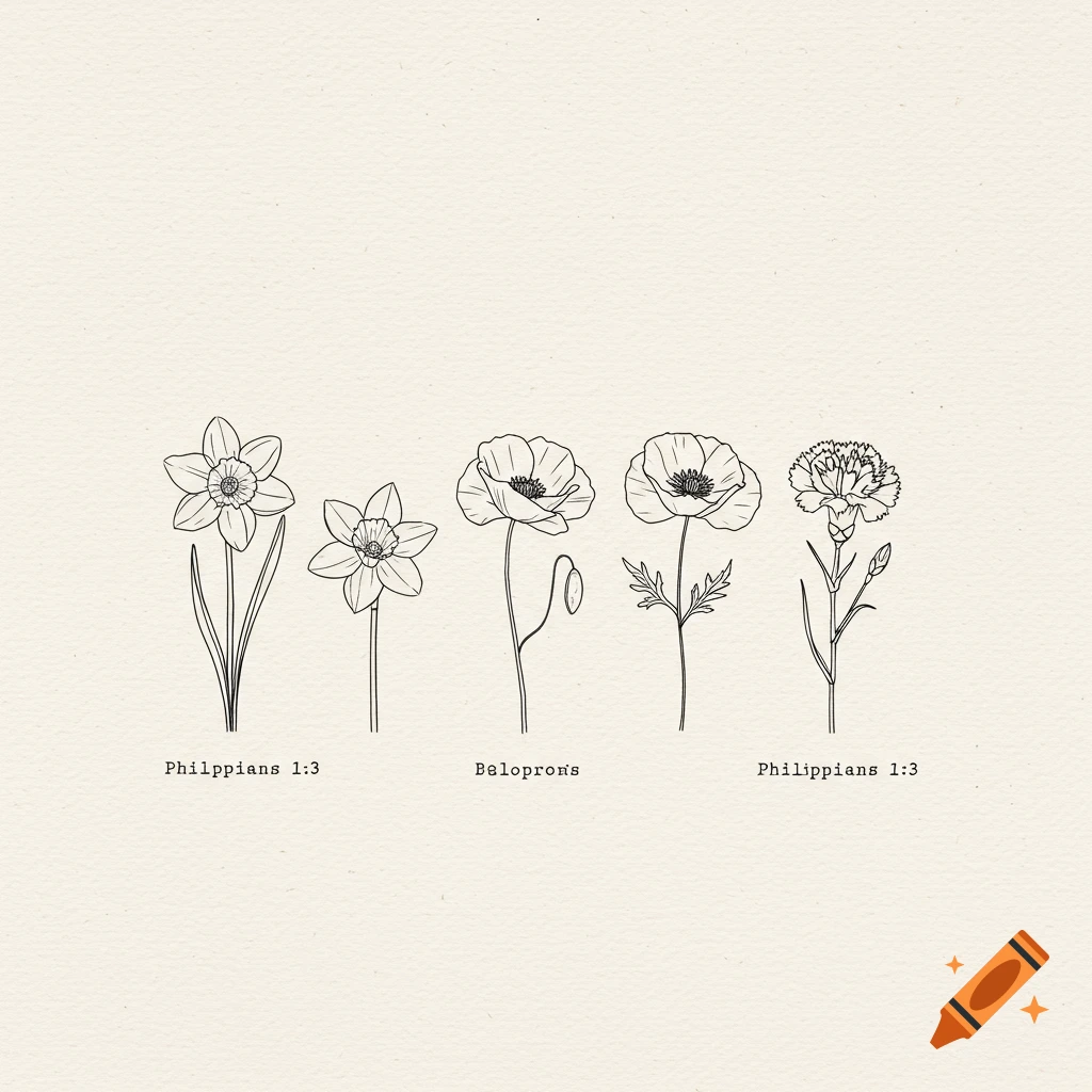 Minimalist line drawing of five flowers in a row on a light background.