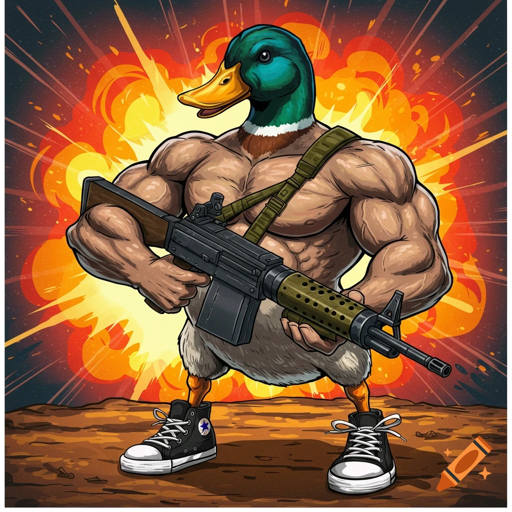 Muscular duck holding a machine gun in front of an explosion, wearing Chuck Taylor shoes.
