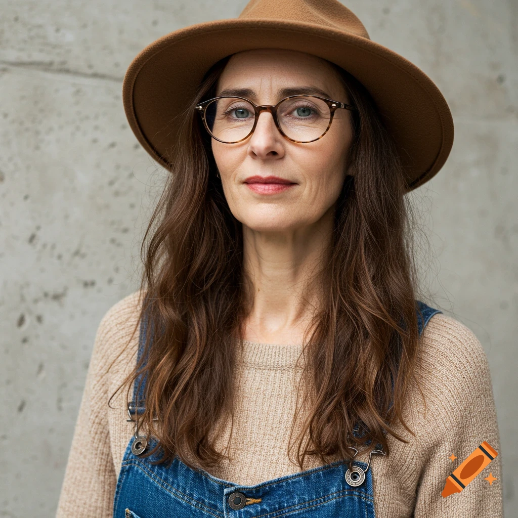 A photorealistic portrait of a woman in a hat, glasses, and denim overalls against a concrete wall.