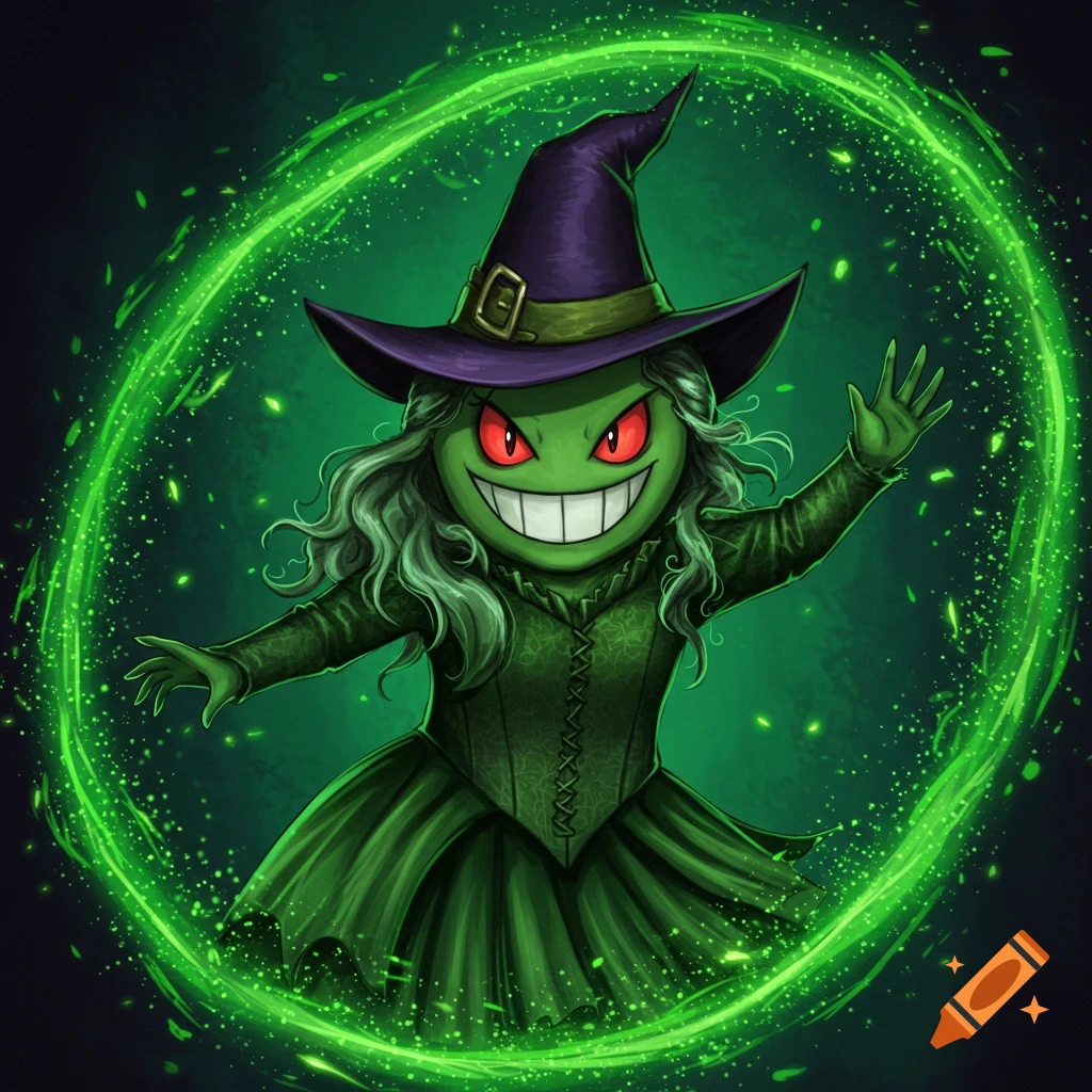 Gengar dressed as a witch surrounded by green energy.