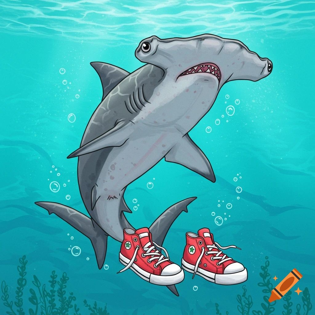 Cartoon shark wearing blue nike sneakers running on a beach near the