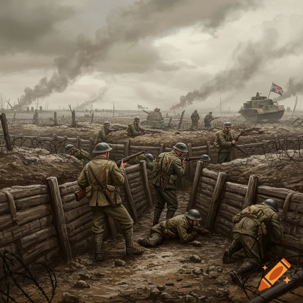 Illustration of soldiers in World War I trenches with barbed wire and a tank.