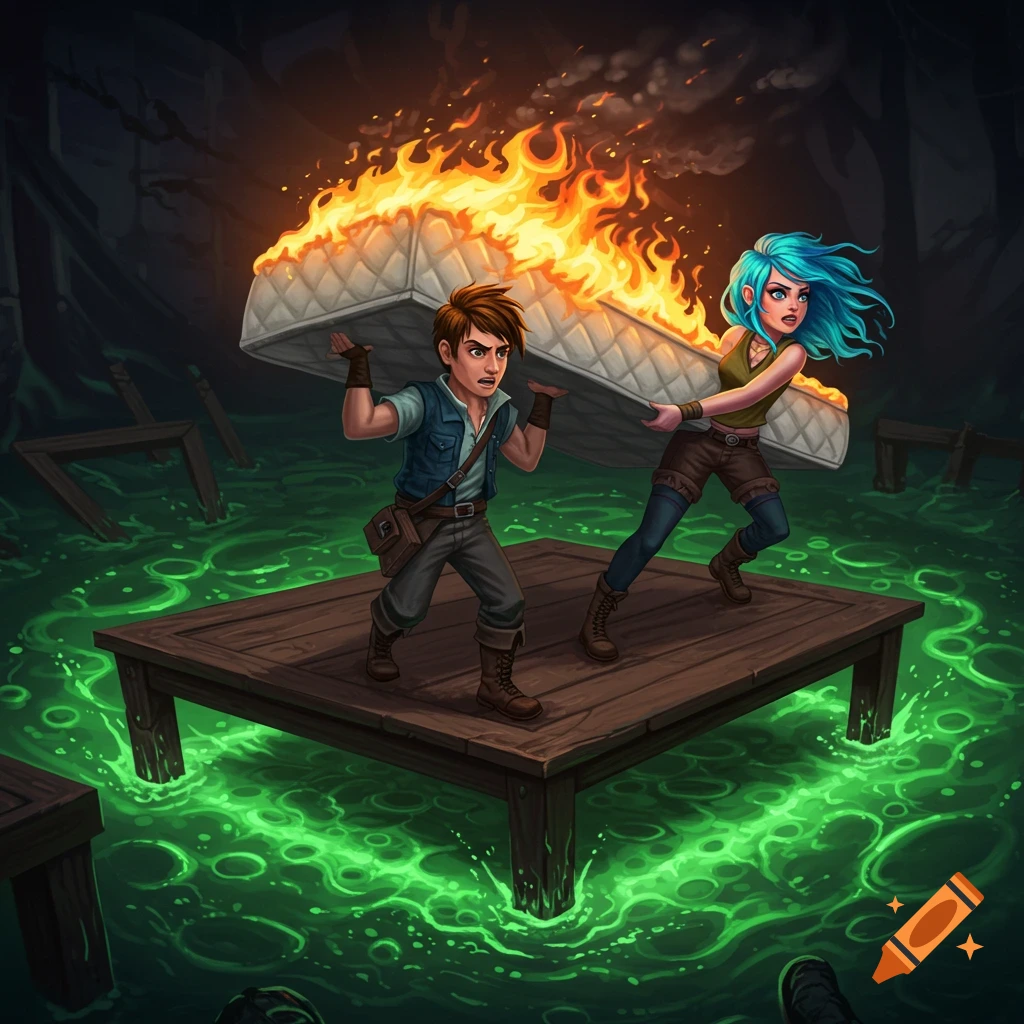 Two adventurers carry a burning mattress over a sinking platform in green ooze, cartoon style.