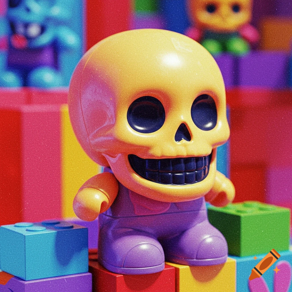 A yellow toy skull figure with purple overalls sits on colorful toy blocks.