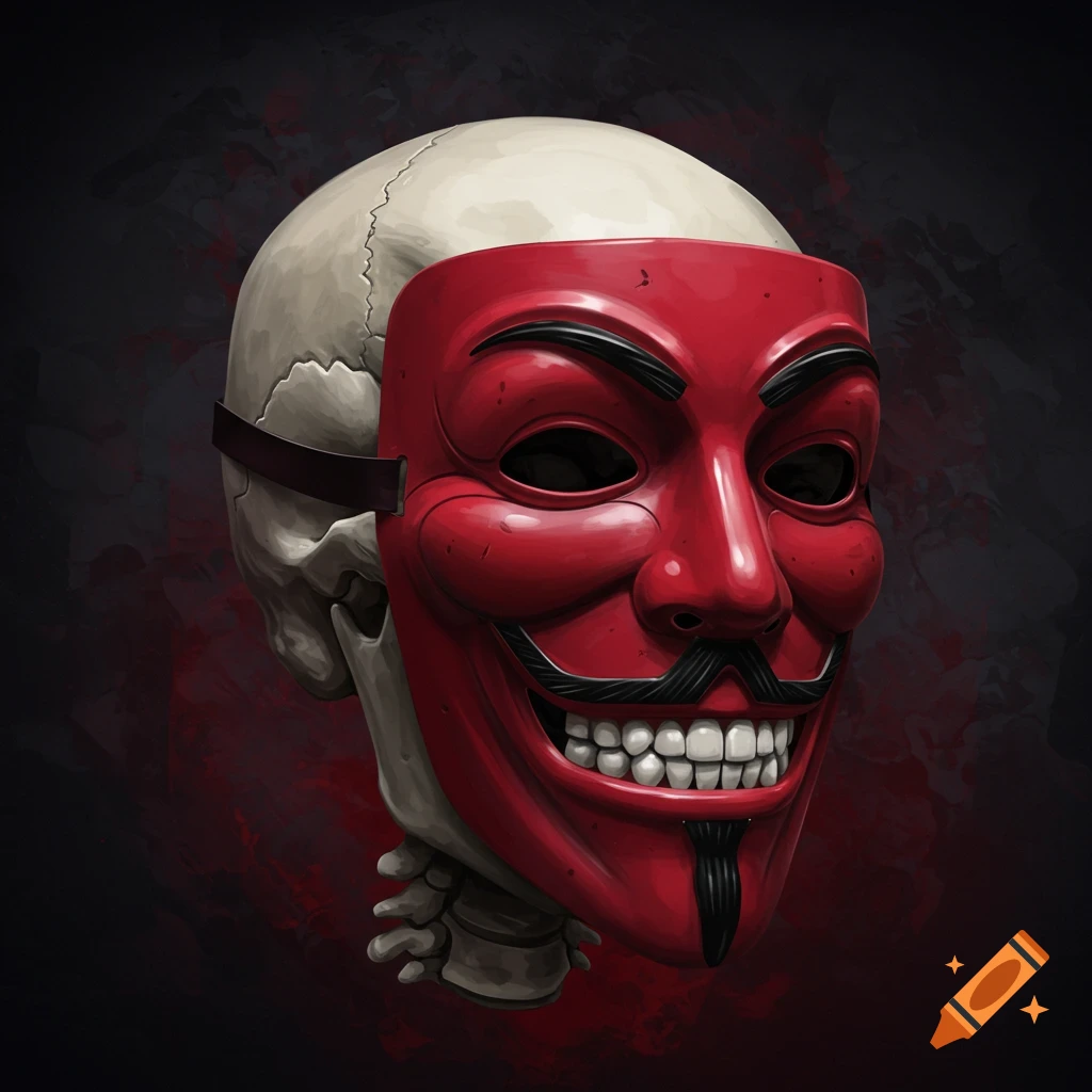 A skull wearing a red Guy Fawkes mask against a dark background.