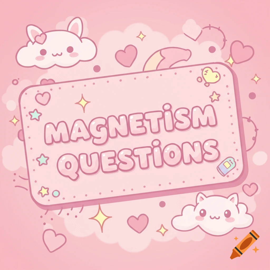 Kawaii illustration of a pink card with 'MAGNETISM QUESTIONS' surrounded by cute animals and hearts.