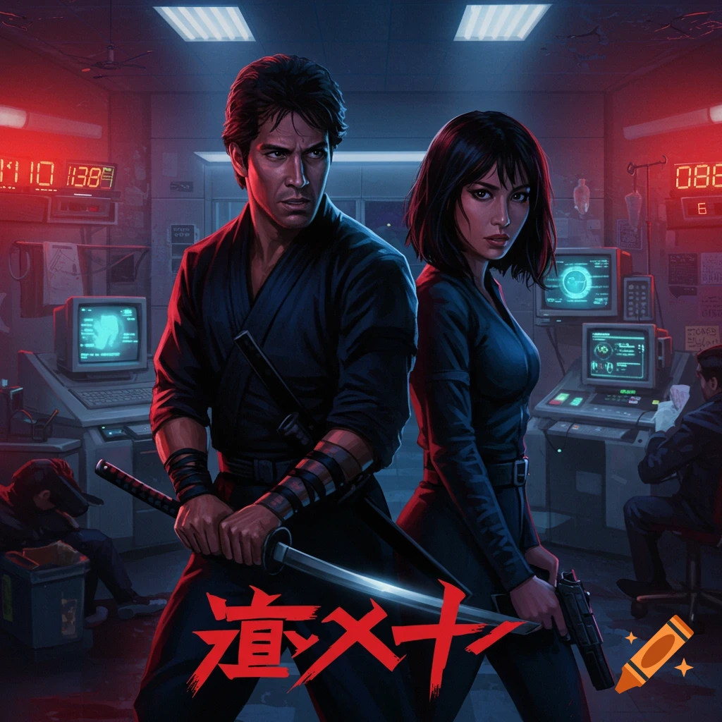 80s action movie poster with man, woman, ninja, hospital beds, and computers