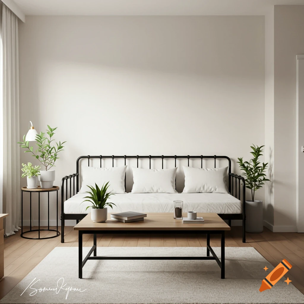 Modern apartment living space with black daybed, coffee table, plants, and white/beige decor