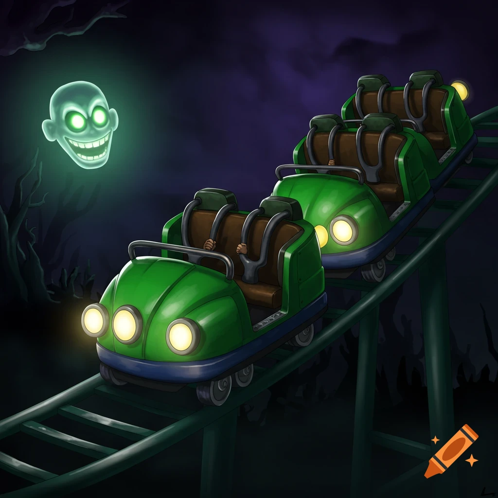Illustration of a green roller coaster train going uphill past a floating green ghost face at night.