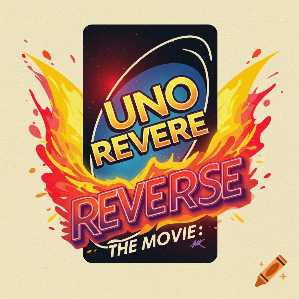 Stylized movie poster for 'Uno Revere Reverse' based on an Uno card, with vibrant text and fiery design.