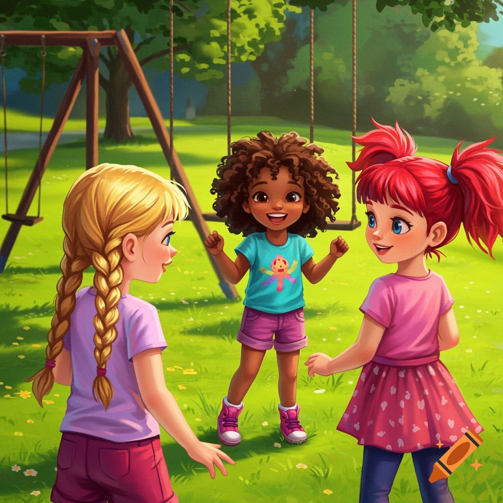 Illustration of three girls playing in a park near a swing set.