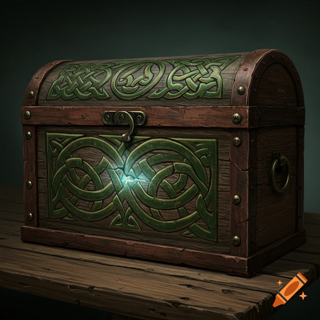 An ornate wooden chest with green Celtic knot designs sits on a wooden table, glowing slightly.