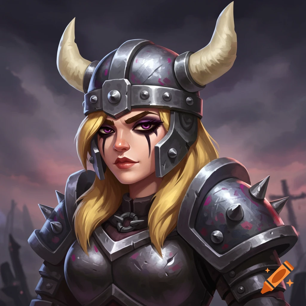 Fantasy character portrait of a female warrior with a horned helmet and dark makeup.