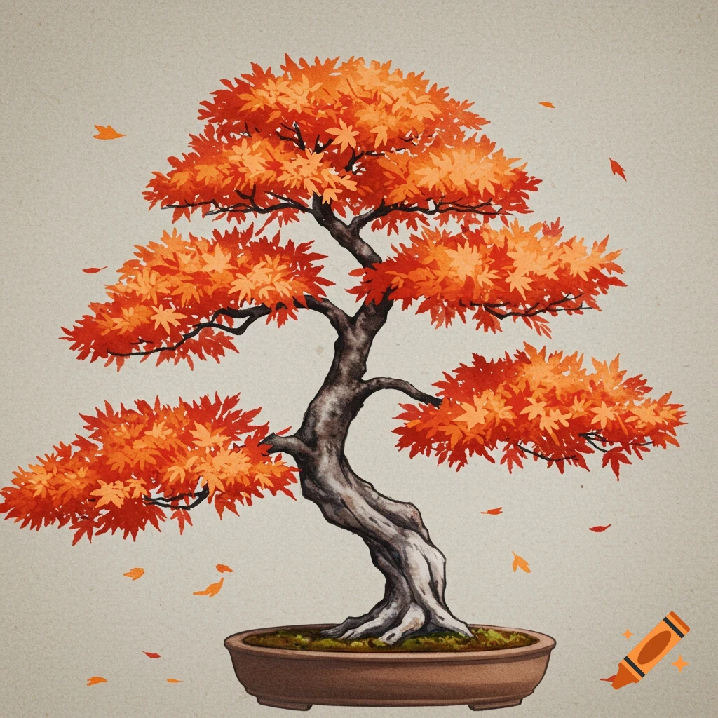 A watercolor illustration of an orange and red maple bonsai tree in a pot with falling leaves.