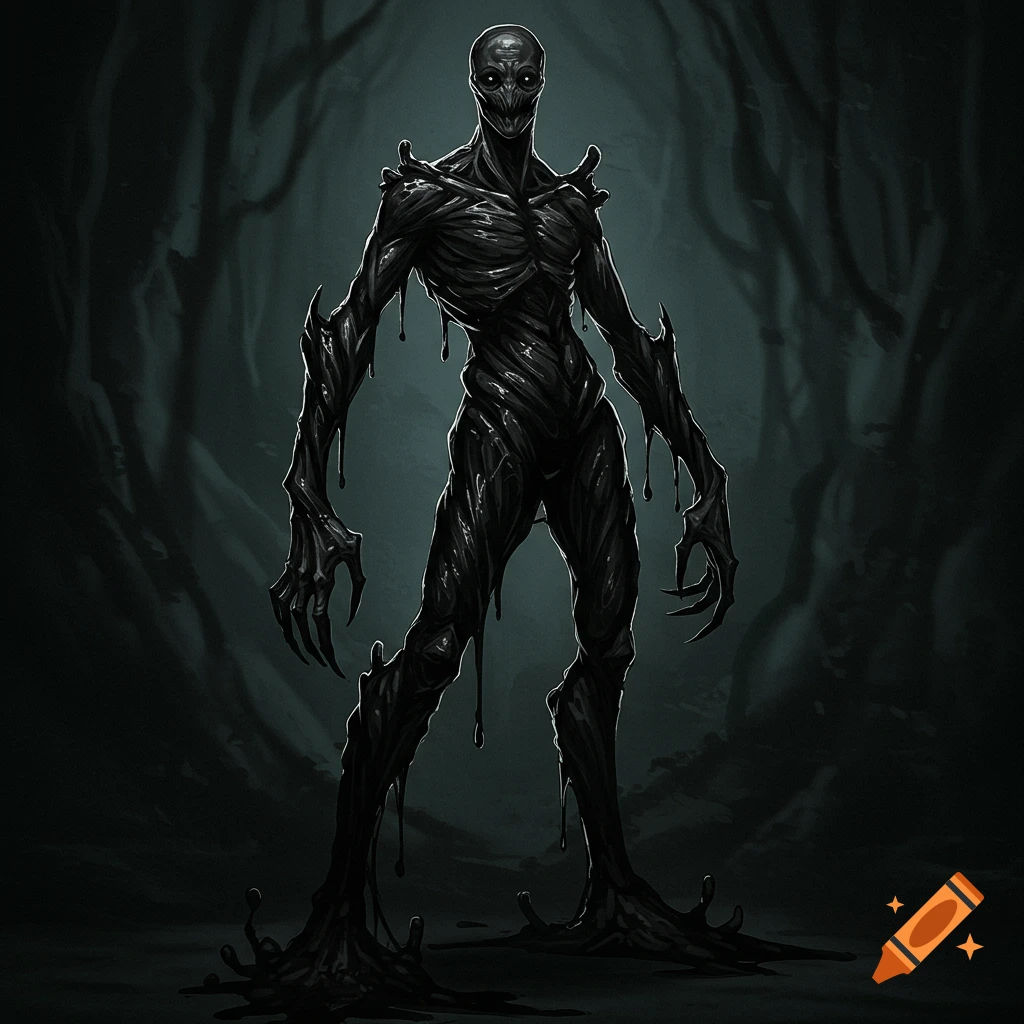 A tall, slender monster made of dripping black goo stands in a dark forest.