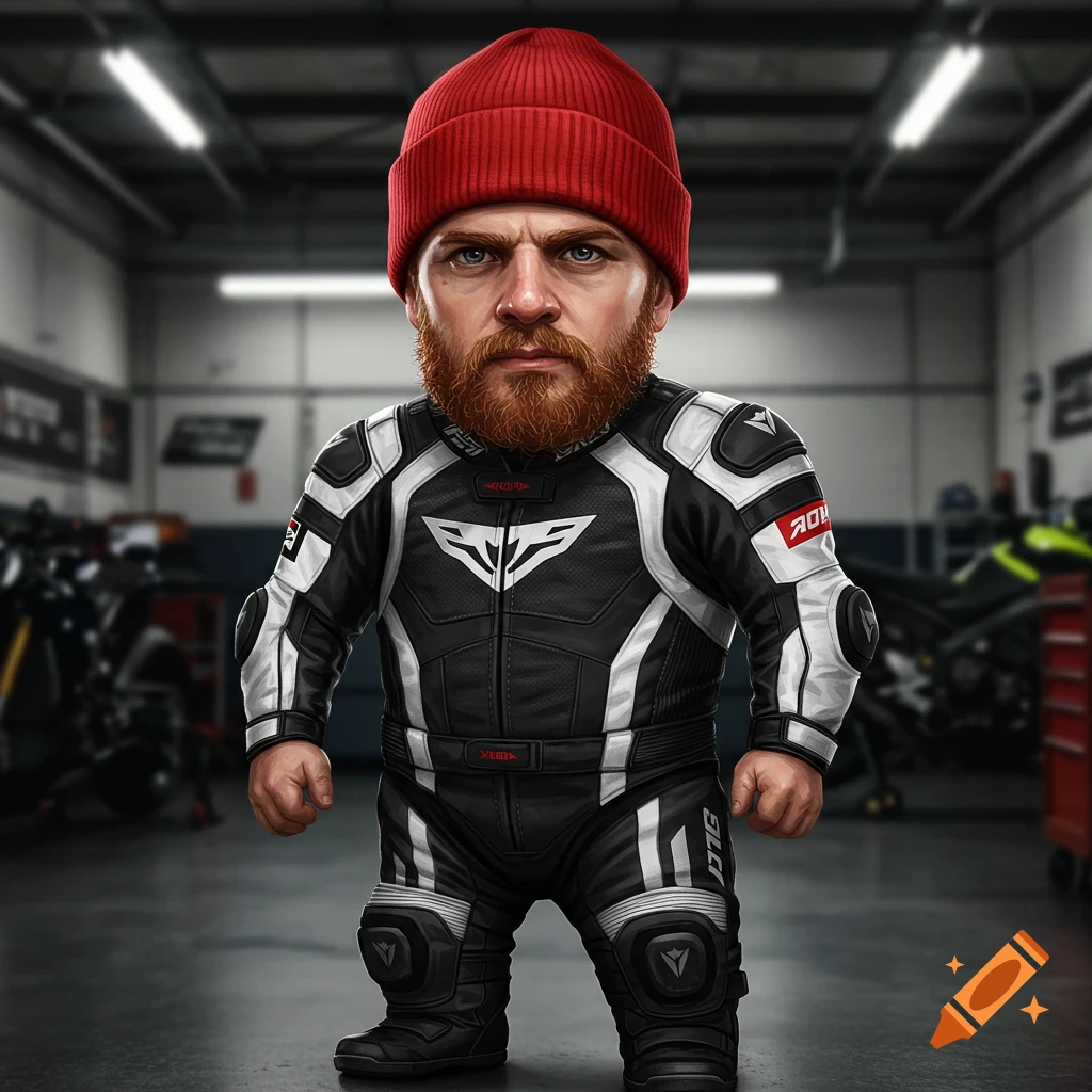 Stylized illustration of a short man in a red beanie and motorcycle leathers standing in a garage.
