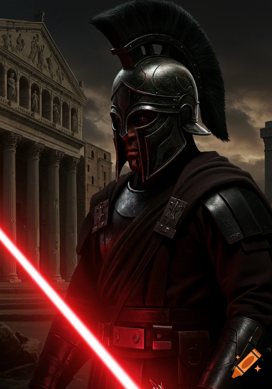 A figure in dark Roman armor with a red lightsaber stands before ancient architecture.