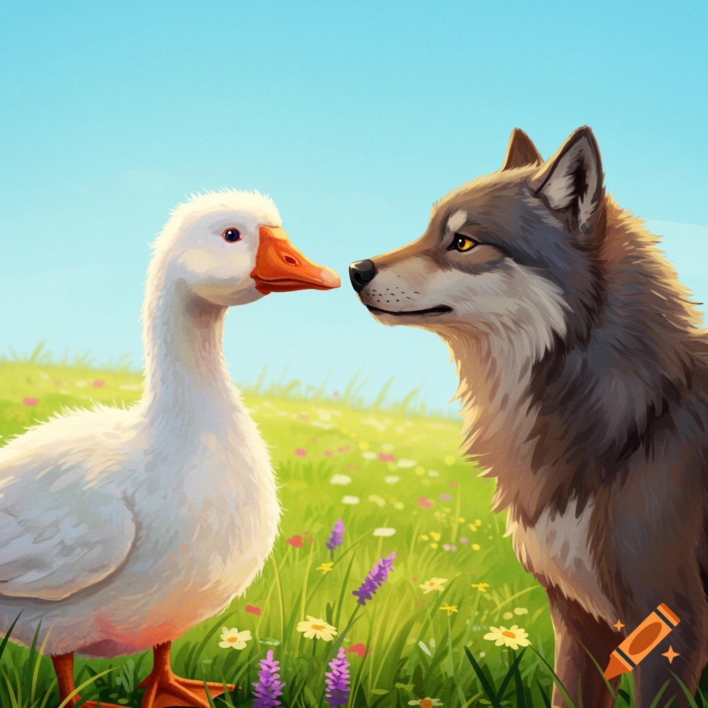 An illustration of a goose and a wolf looking at each other in a grassy field with flowers.