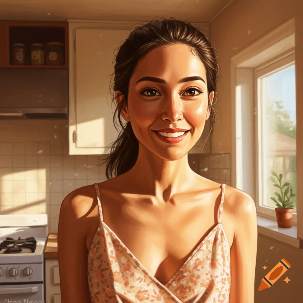 A smiling woman stands in a sunny kitchen.