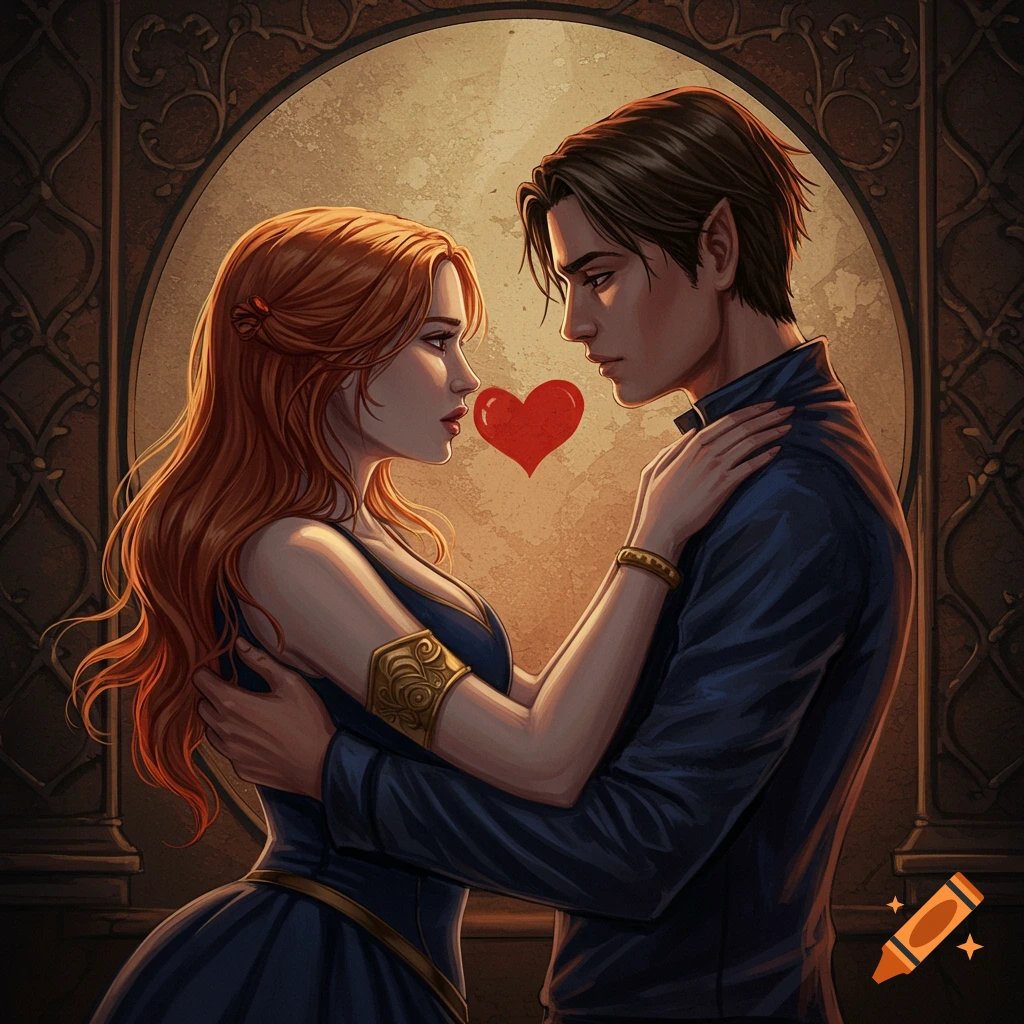 Stylized illustration of a man and woman embracing, with a red heart between them.