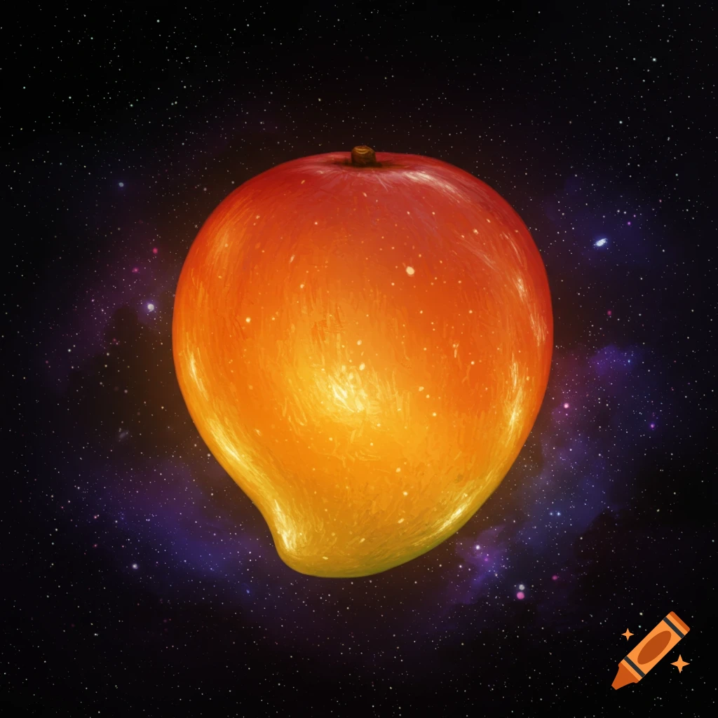 A bright orange and yellow mango floats in space among stars and galaxies.