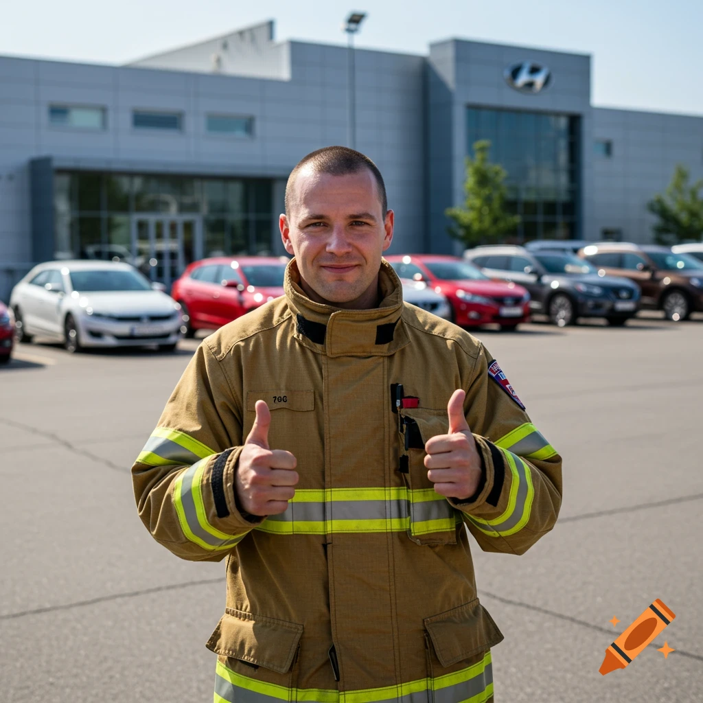 Firefighter giving thumbs up in front of car dealership