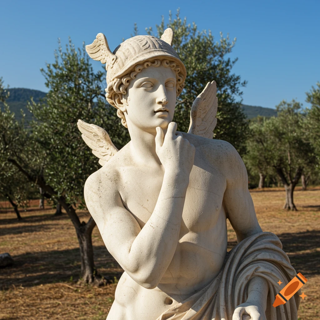 Stone statue of Hermes with winged helmet and sandals in an outdoor field with olive trees.