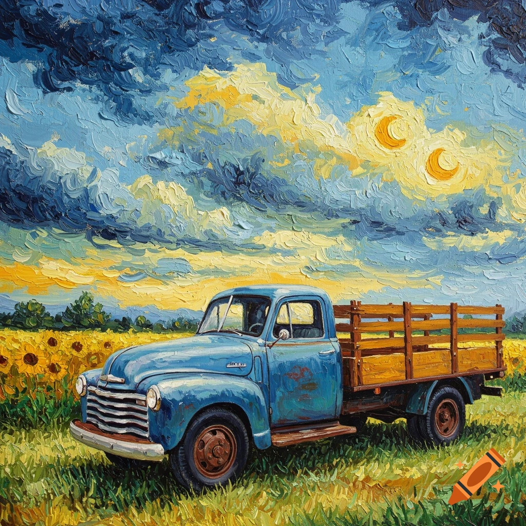 A blue pickup truck in a field of sunflowers under a dramatic sky, in a painting style.